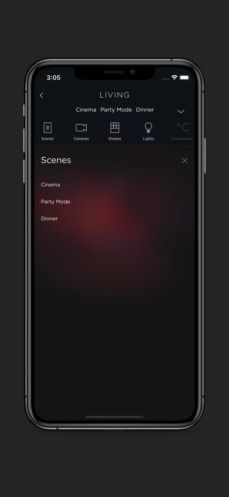 BeoLiving - BeoLiving app scene selection menu for luxury home automation