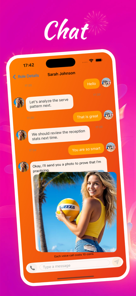 Interface of the Machat app showing a chat conversation about beach volleyball training with a shared photo of a player