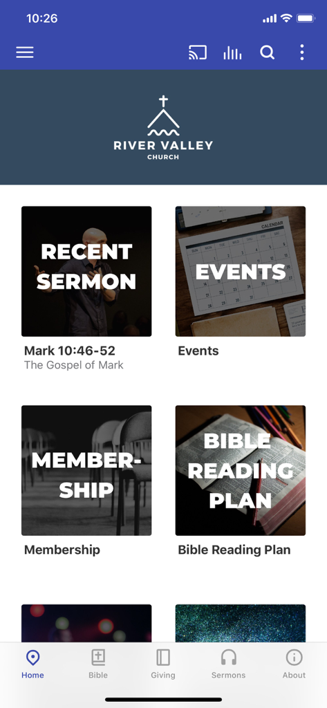 River Valley Church Mishawaka - Home screen of the River Valley Church Mishawaka mobile app showing navigation for sermons events and bible reading plans