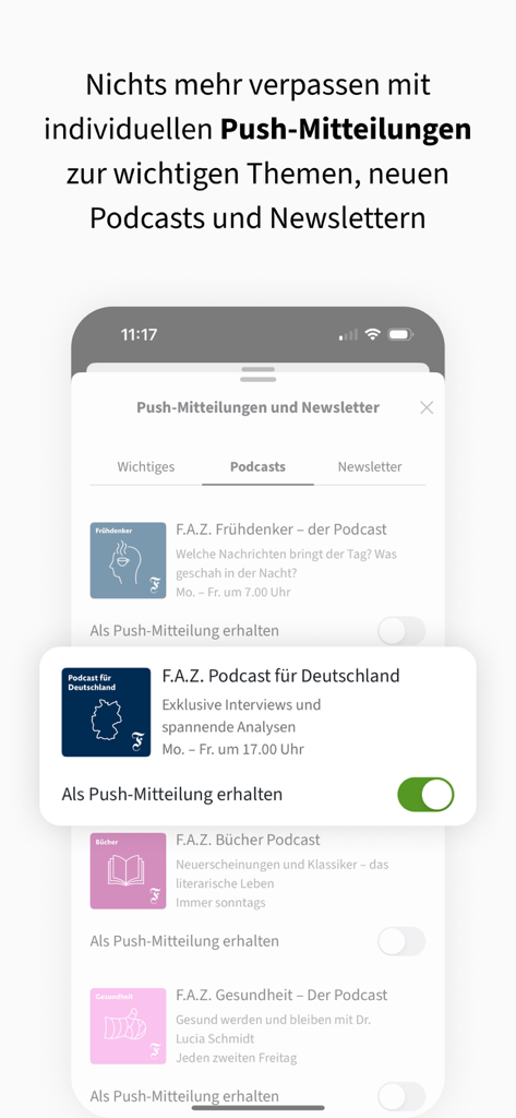 F.A.Z. - Nachrichten - Interfaz para gestionar notificaciones push y boletines informativos para varios podcasts en la aplicación FAZ