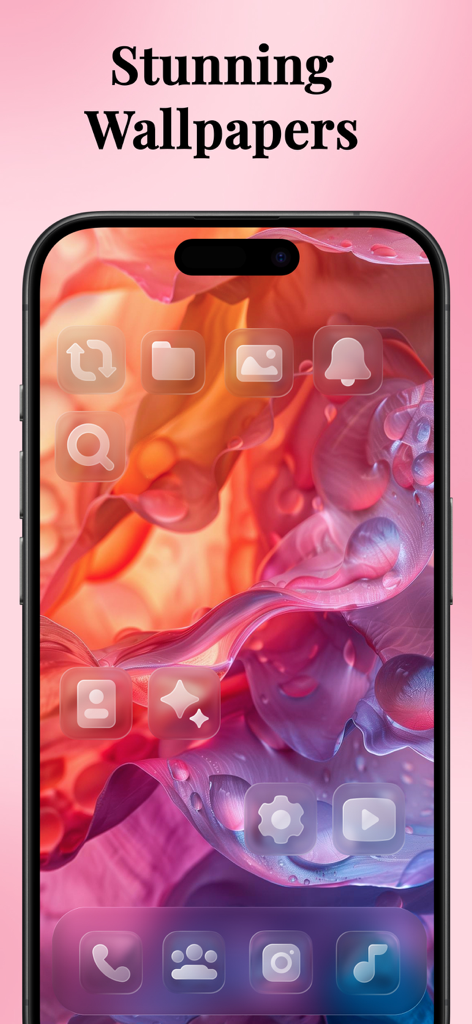 iPhone screen showcasing a pink abstract aesthetic wallpaper with matching translucent custom icons