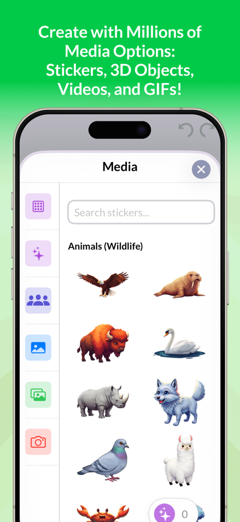 My Story School eBook Maker - Media selection screen in My Story School eBook Maker app featuring animal stickers and search bar