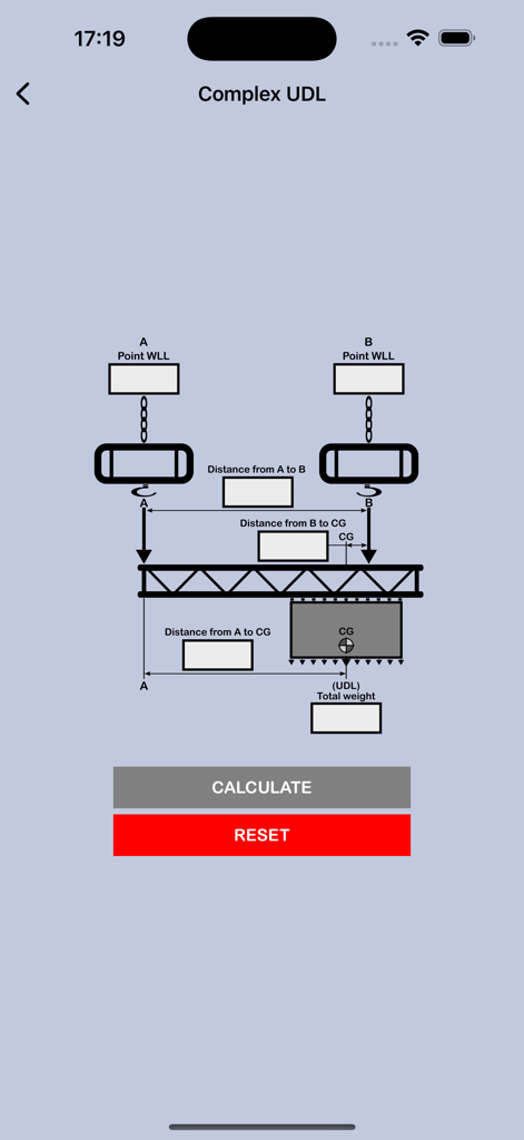 Rigging Bridle Calculator+ - Captura de pantalla de la pantalla de cálculo de Carga Distribuida Uniformemente Compleja que muestra un diagrama técnico de montaje con campos de entrada de carga y distancia