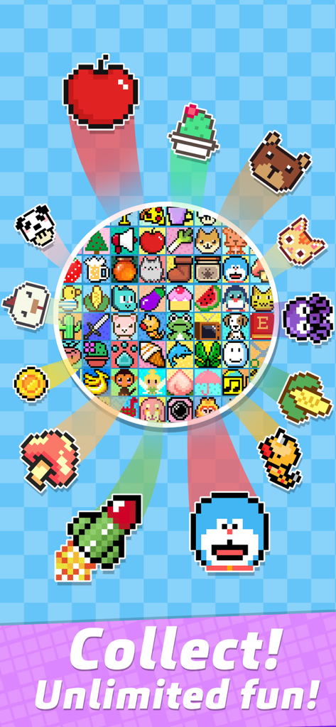 Una variedad de coloridos iconos de arte pixelado que incluyen animales y alimentos del juego de puzles