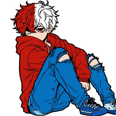a male hoddie ripped jeans messy hair anime