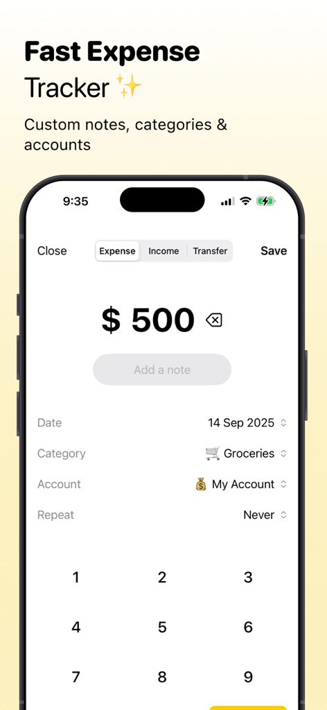 BalanceBee mobile app interface for manual expense entry showing a numeric keypad and transaction details for groceries