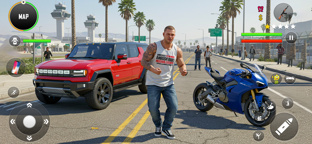 Main character standing next to a red SUV and a blue sports motorcycle in an urban setting from Ambush Mafia Gangster Games.