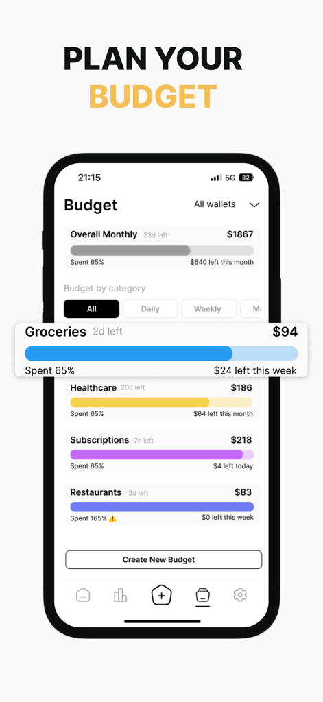 Soldi - Expense Tracker Budget - Soldiモバイルアプリのインターフェース、食料品やヘルスケアなどのカテゴリのカラフルな進捗バーを備えた月次予算プランナーを表示