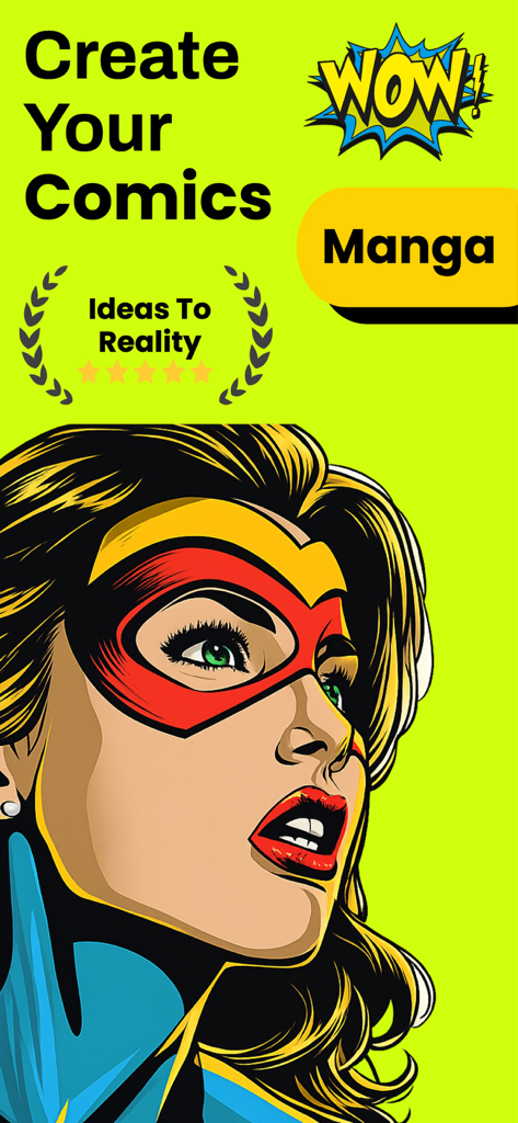 Un personaje superhéroe estilo arte pop sobre un fondo verde con texto invitando a los usuarios a crear cómics