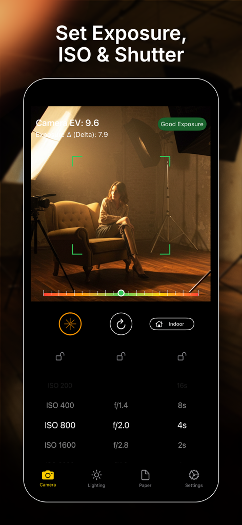 Luxmeter - Lux Light Meter - Luxmeter app interface showing manual controls for exposure, ISO, and shutter speed on a photography scene