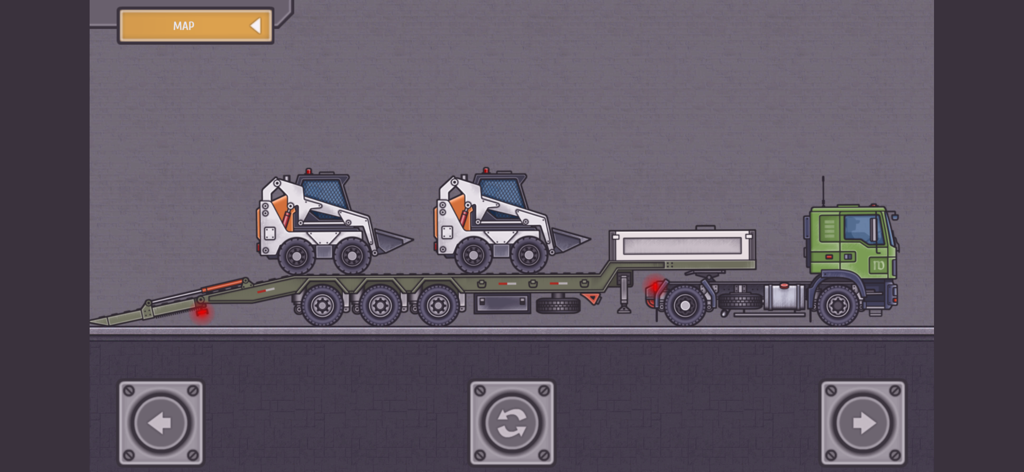 Trucker Ben - Truck Simulator - Una vista de desplazamiento lateral en 2D de un camión verde transportando dos pequeñas cargadoras en un remolque en el simulador Trucker Ben.