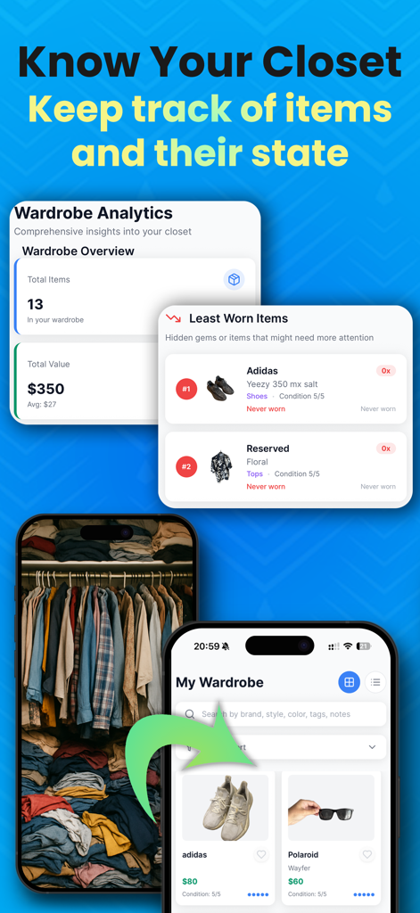 Interfaz de la aplicación 10outfits que muestra la organización del armario digital y análisis del armario con artículos totales y valor.