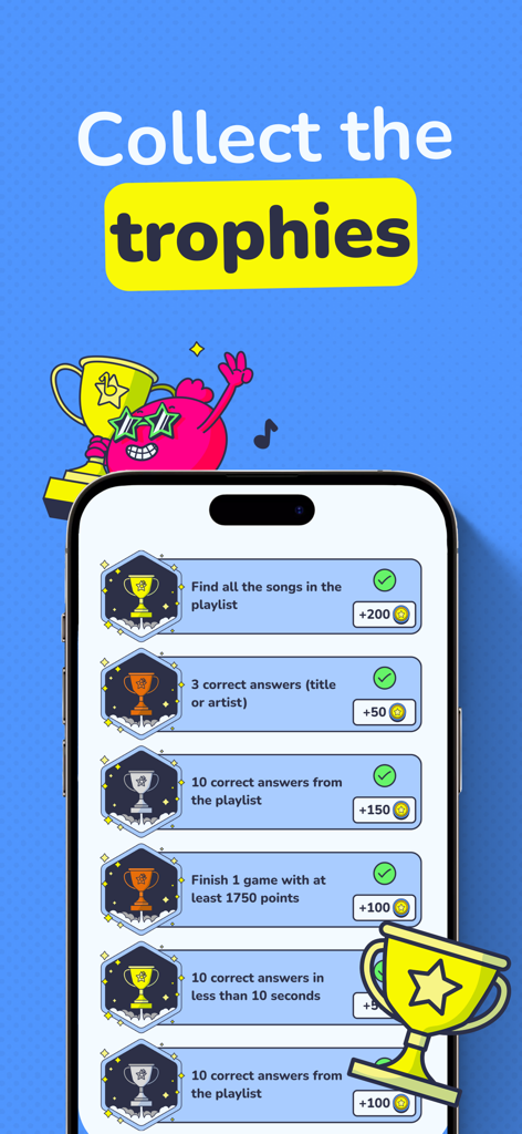 Mukiz - Guess the song - Écran de l'application de quiz musical Mukiz montrant des trophées à collectionner et des missions de réussite avec des récompenses en pièces.