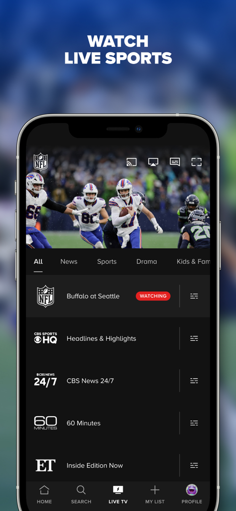 Paramount+ - Paramount plus mobile app interface showing a live NFL game and local news options