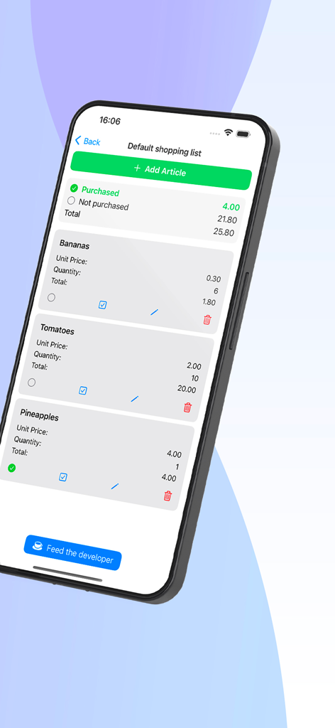 SJ Cart Calculator - A smartphone screen showing the SJ Cart Calculator app with a grocery shopping list and real-time budget tracking.