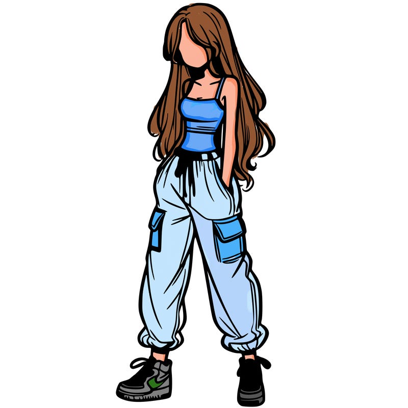 girl in baggy pants crop top and long hair