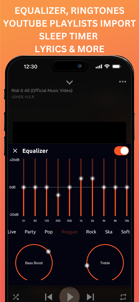A 10-band equalizer interface in the Music Downloader app featuring frequency sliders and bass boost controls