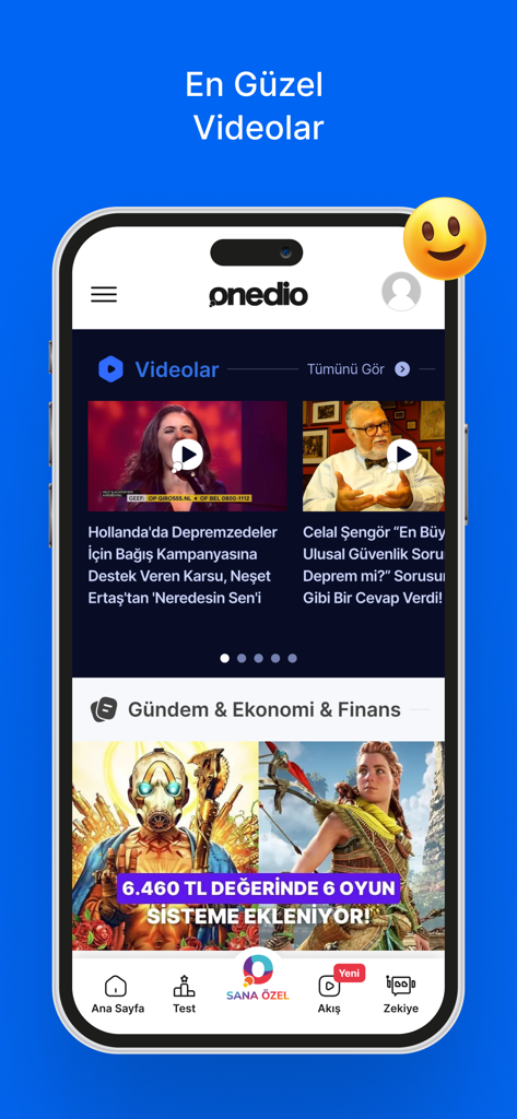 Onedio – İçerik, Haber, Test - Interfaz de la aplicación móvil Onedio que muestra videos de tendencia y feed de noticias en turco.
