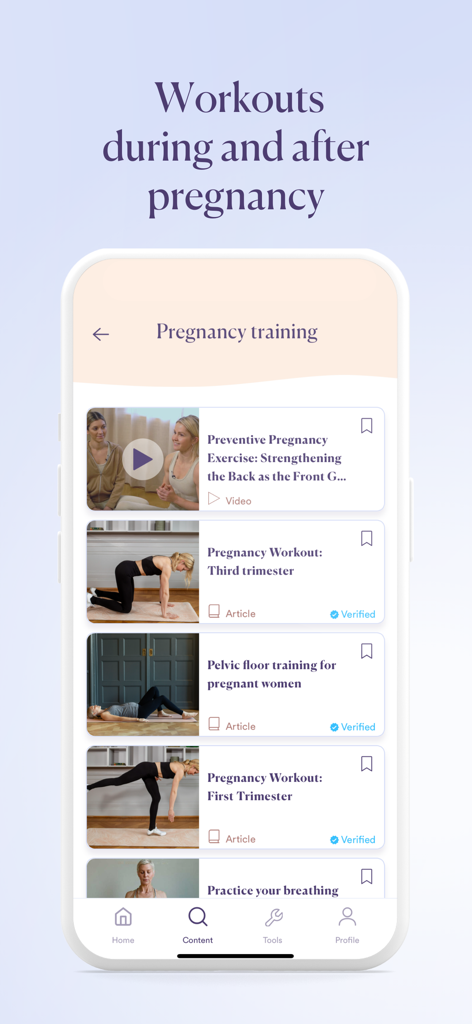 Baby Journey - Pregnant & Baby - Schermata dell'app Baby Journey che mostra allenamenti per la gravidanza e video di esercizi prenatali