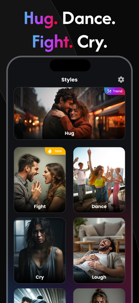 포옹, 싸움, 춤, 울음 등 다양한 AI 비디오 스타일을 보여주는 Hugi 앱 인터페이스.