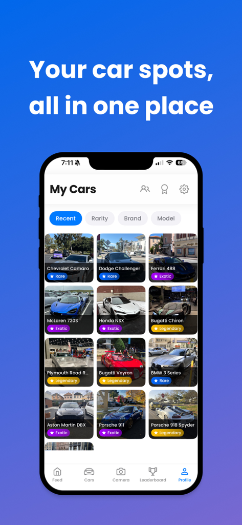 CarSpotter - Collect Cars - CarSpotter app screen showing a grid of spotted luxury and exotic cars with rarity tags