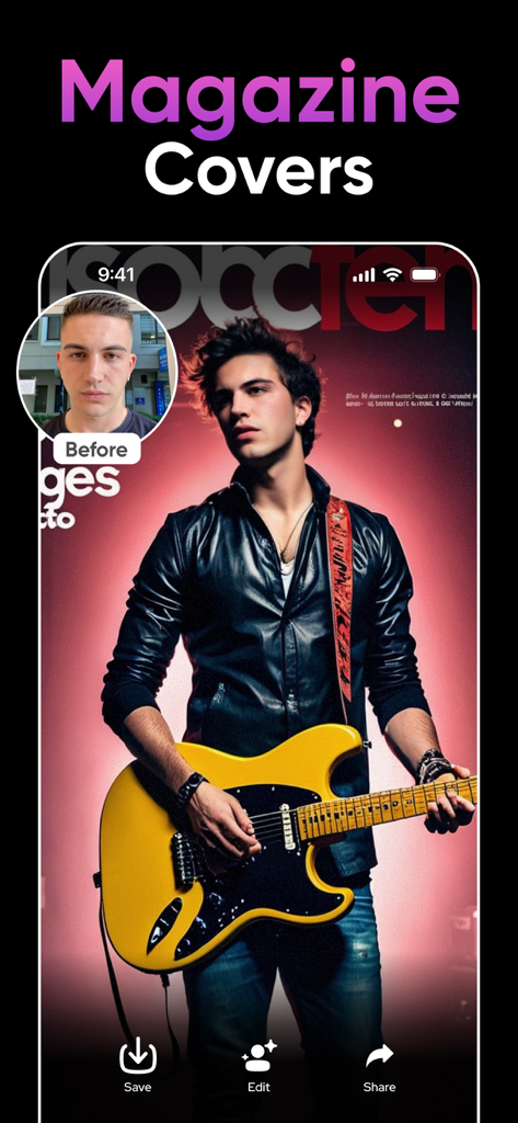 AI Photo Generator: Remake AI - AI generated magazine cover of a man playing a guitar using Remake AI