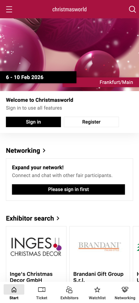 Christmasworld Navigator - Christmasworld Navigator app home screen showing event dates and exhibitor search section