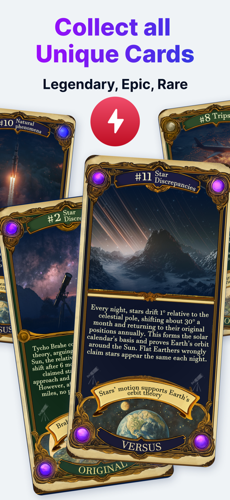 Flataverse: Explore Flat Earth - Screenshot of Flataverse app showing unique collectible cards including Original and Versus proof cards.