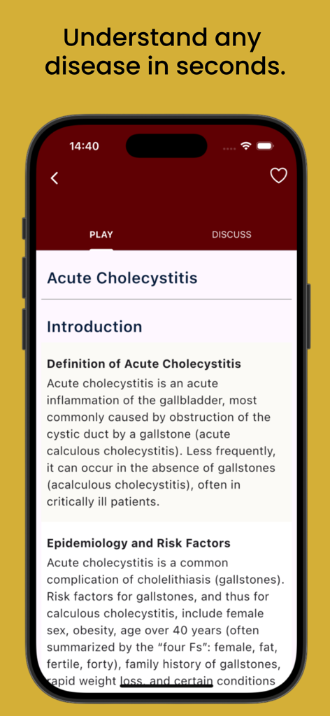 Explain Medicine - Explain Medicine app interface displaying a concise clinical overview of Acute Cholecystitis including definition and risk factors.