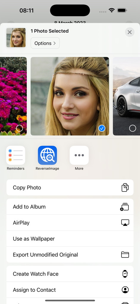 Reverse Image Search Identify - iPhone photo gallery interface showing the reverse image search app integrated into the sharing menu for quick identity verification