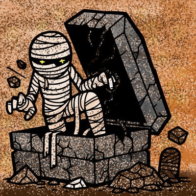 mummy breaking out of a tomb