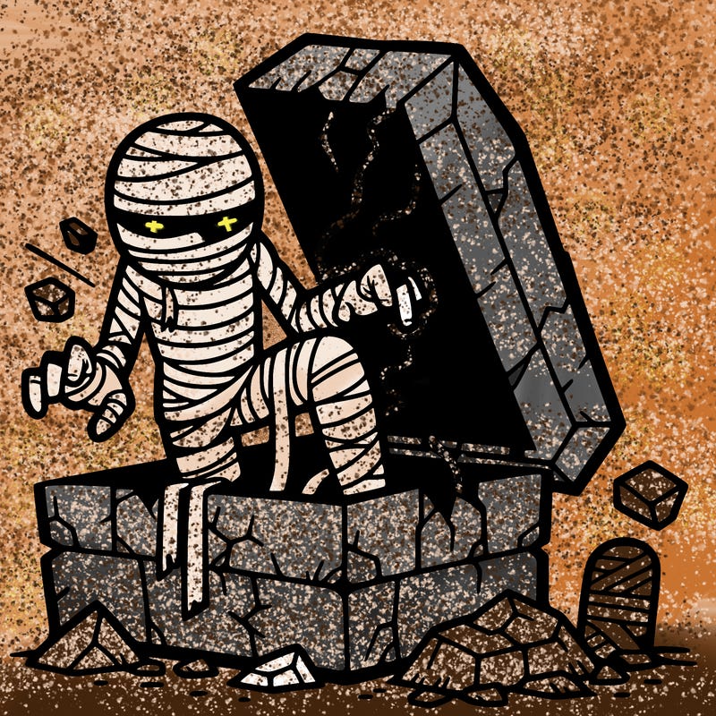 mummy breaking out of a tomb