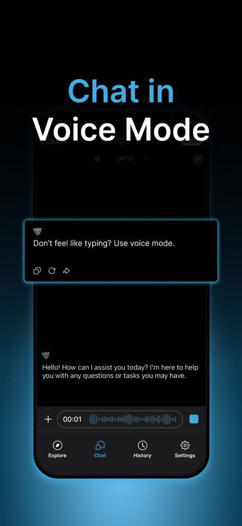 Interfaz de la aplicación Chatbot Asistente Vivana mostrando la función de chat en modo de voz.