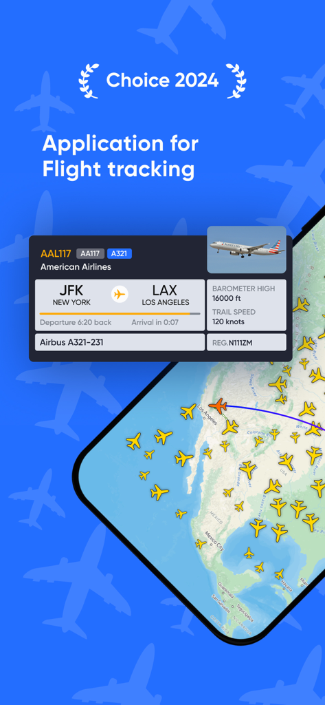 Interfaz de la aplicación Flight Tracker Live Radar mostrando un mapa de seguimiento de aeronaves en tiempo real y el estado del vuelo de American Airlines de JFK a LAX