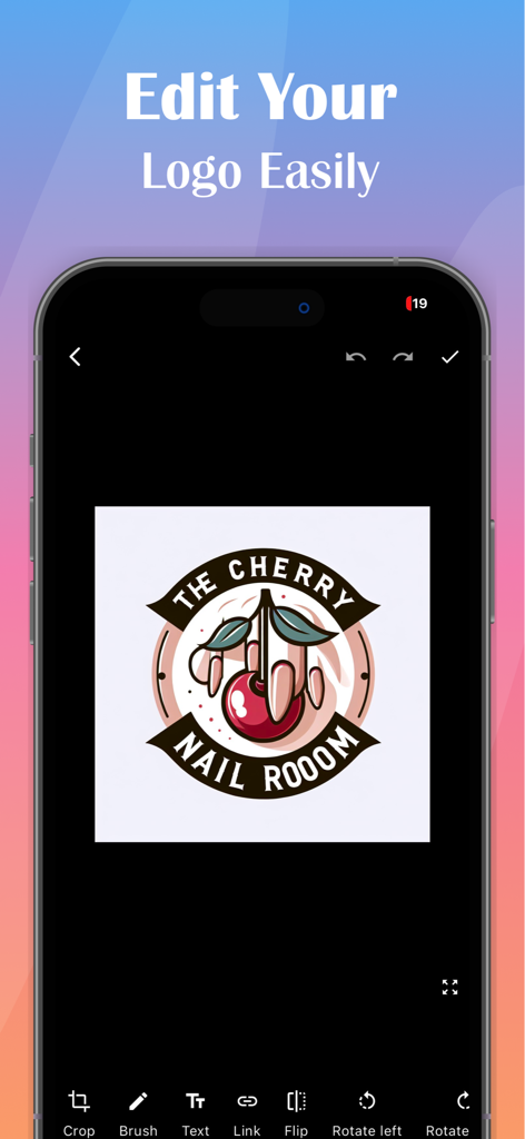 Logo Maker 3D - A mobile interface for editing a logo with tools like crop brush and text featuring a design for a nail salon