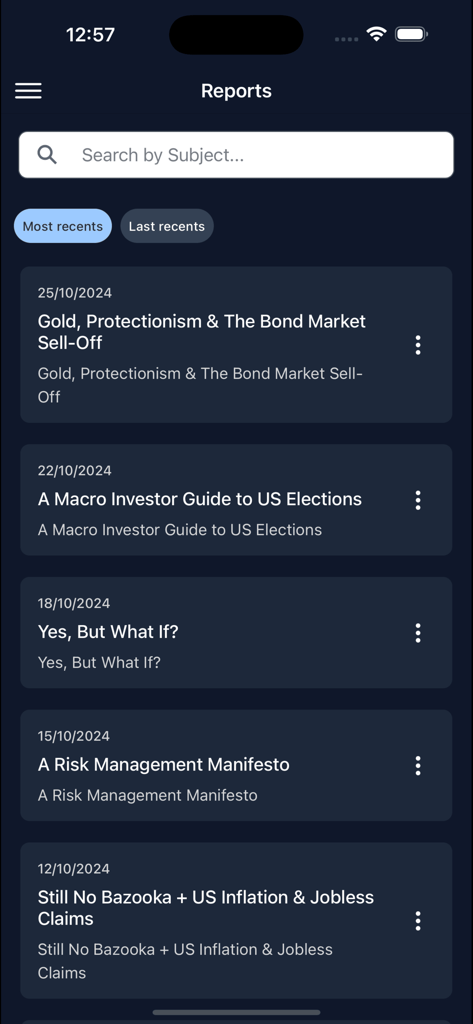 The Macro Compass - A list of macro-economic investment reports and market analyses on a mobile app interface.