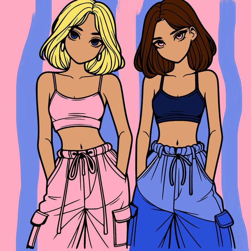 two girls with crop top with baggy pants