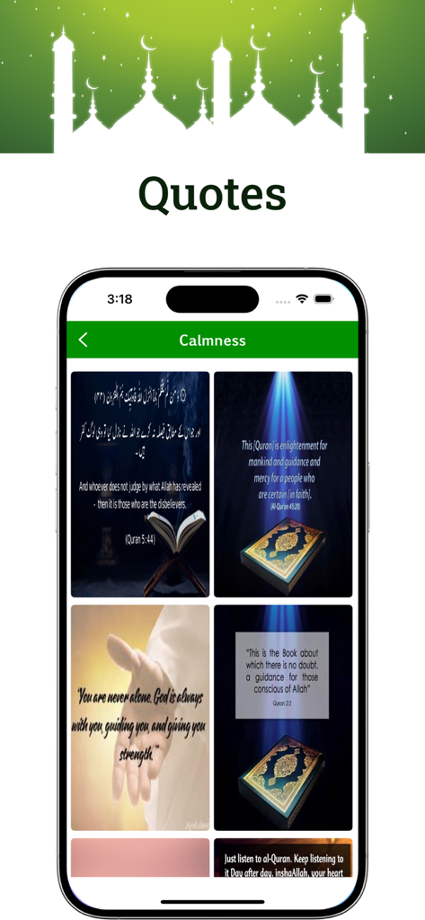 Azerbaijani Quran - A mobile screen showing the Quotes section of the Azerbaijani Quran app with various religious verse graphics under the category Calmness