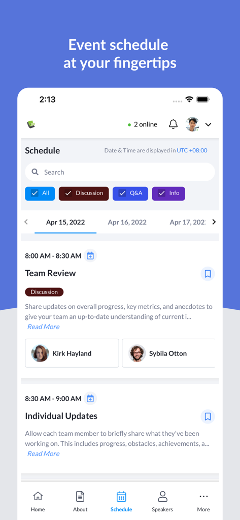 Micepad - Interface of the Micepad app showing an event schedule with session titles and speakers