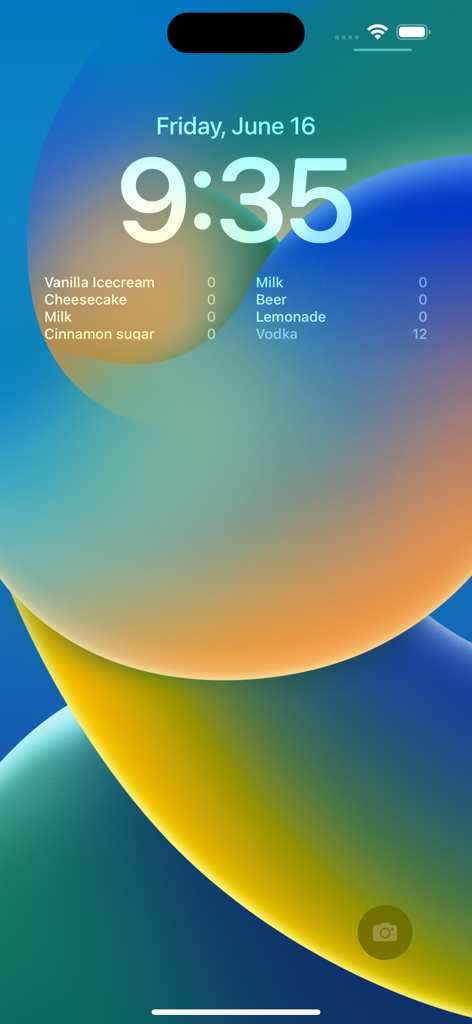 Stock List - Inventory Control - Una pantalla de bloqueo del iPhone mostrando widgets personalizados de la aplicación Stock List con recuentos de inventario para comestibles y bebidas.