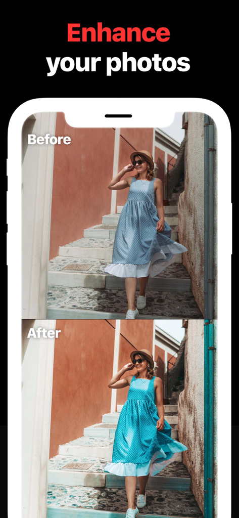 Before and after photo enhancement comparison showing professional color grading on a lifestyle portrait