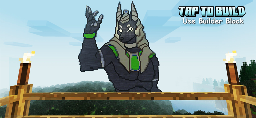 PixelArt Builder for Minecraft - Grand pixel art de style anime d'un chacal construit dans un monde Minecraft