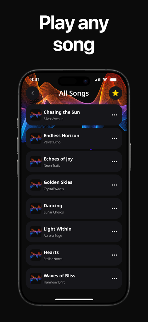 Écran de playlist musicale dans l'application Bass Booster montrant une liste de chansons avec des arrière-plans de visualiseur audio de haute qualité.