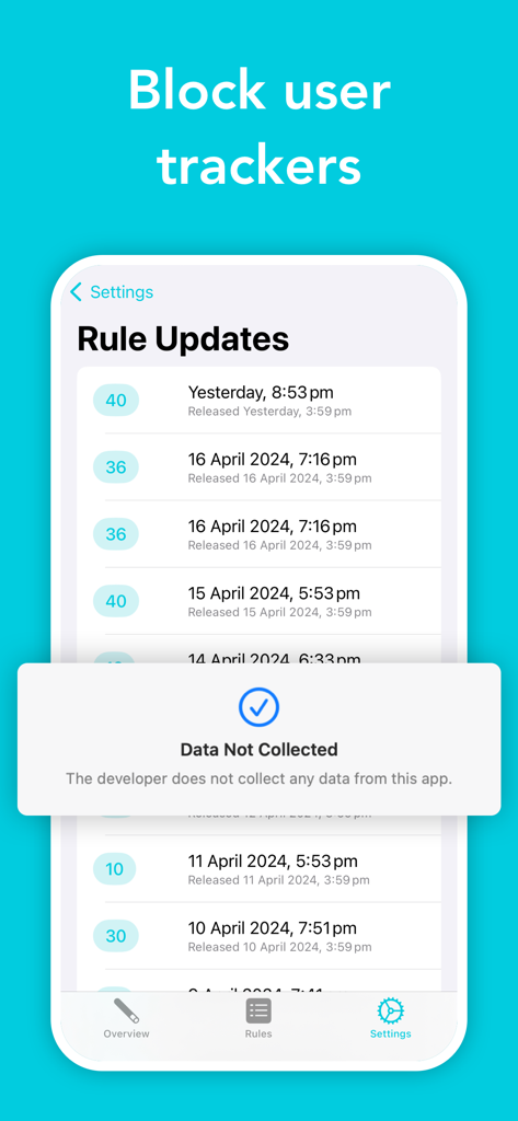 Magic Lasso Adblock app interface showing rule updates and a data privacy notification.