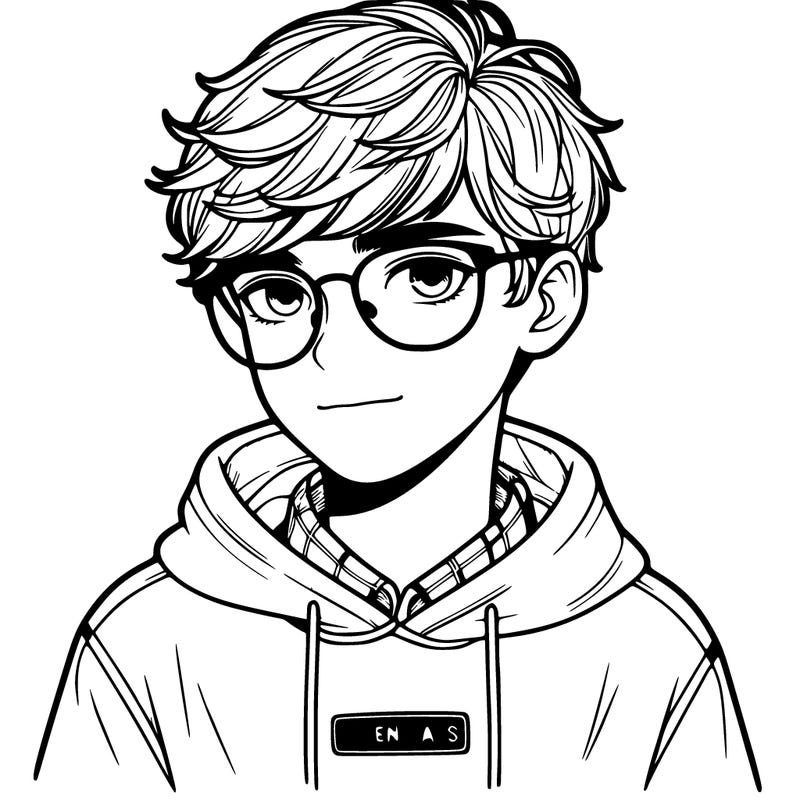 realistic boy with glasses and a hoodie that say “essentials”