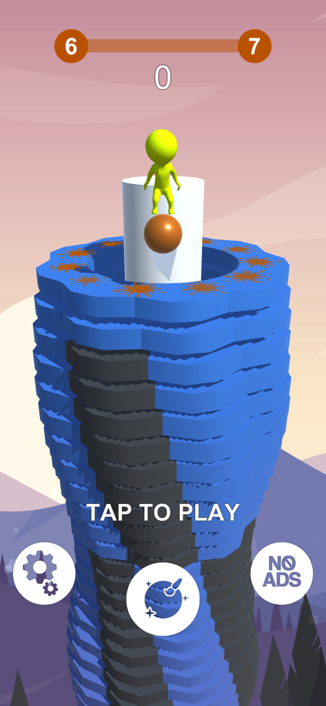 Stack Jump Ball - Start screen of Stack Jump Ball featuring a yellow character on a blue helix tower