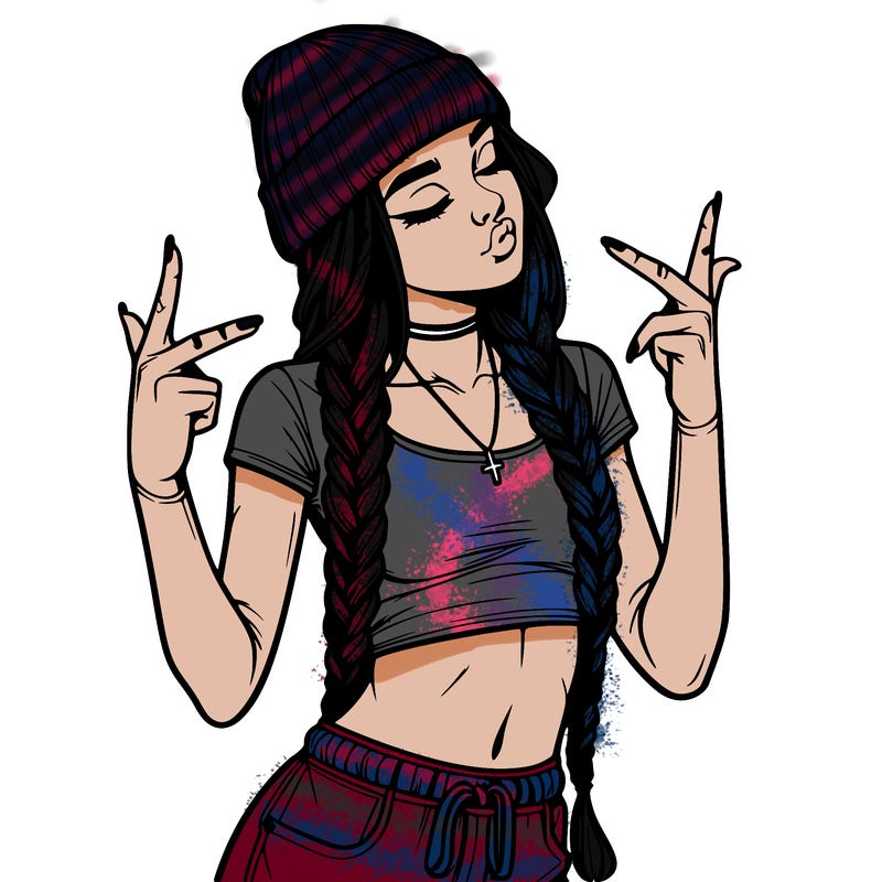 realistic teenage girl with braids and a beanie and crop top doing 🫶🏼