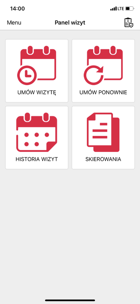 SALTUS Zdrowie app visit panel showing options for booking appointments and viewing medical history