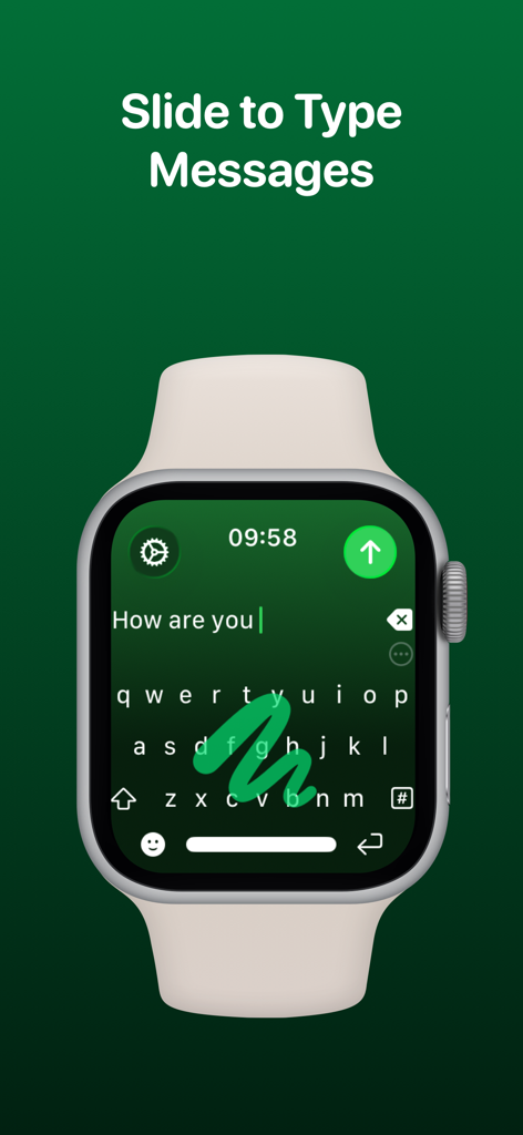 WristBoard - Watch Keyboard - Un Apple Watch muestra el teclado WristBoard con un gesto de deslizar para escribir en una interfaz verde.