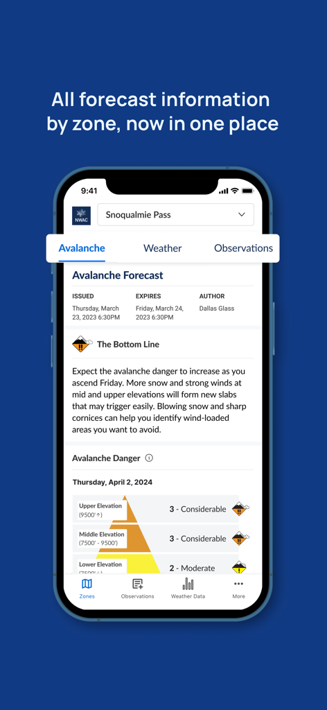 Detaillierte Lawinenprognose für Snoqualmie Pass in der Avy Mobile App